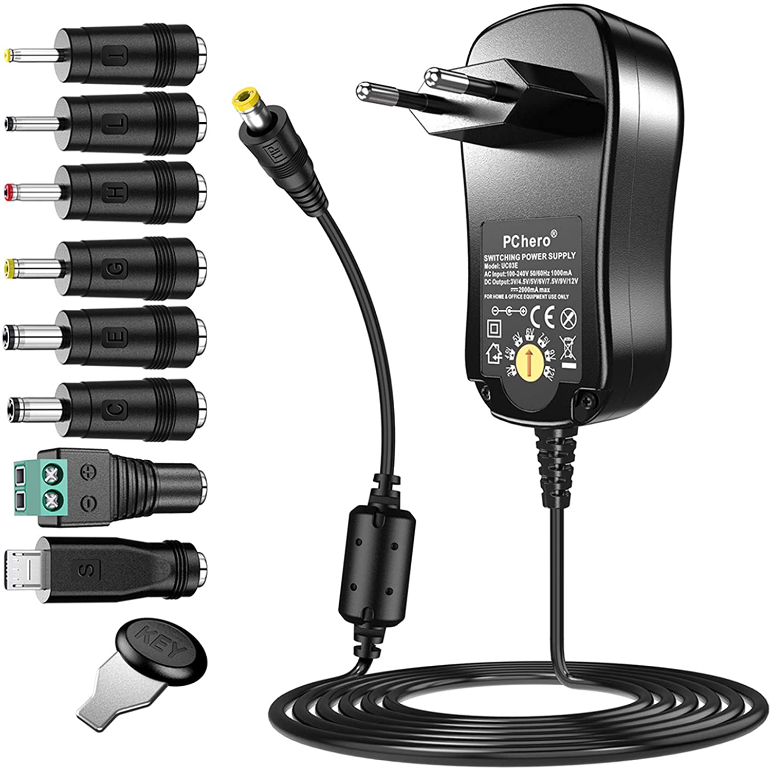 PChero 24W Alimentatore Universale con 8 Spine CC per 3V-12V - Clicca l'immagine per chiudere